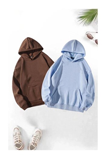 AFROGİYİM Unisex Plain 2' Pack Plain Unprinted Hooded Oversize Sweatshirt