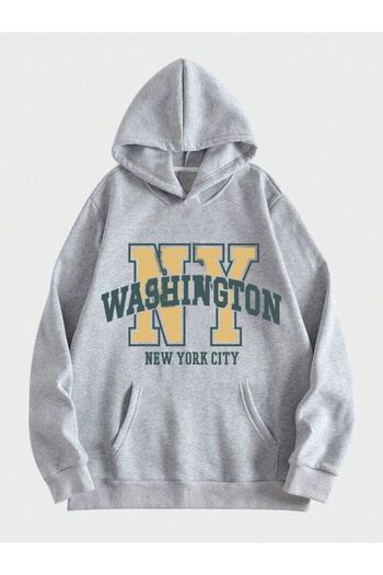 AFROGİYİM Unisex Washington Printed Gray Oversize Hooded Hoodie
