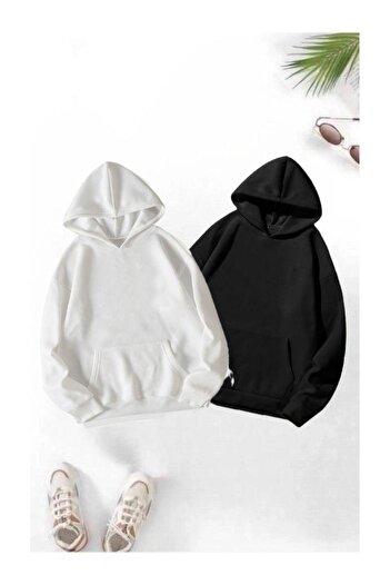 AFROGİYİM Unisex Plain 2' Pack Plain Unprinted Hooded Oversize Sweatshirt
