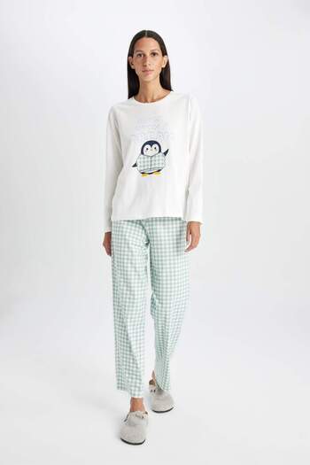DeFacto Be in Love Pajama Set - Crew Neck, Printed, Long Sleeve, Checkered Waist, Elastic Bottom 3171856