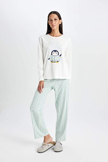 DeFacto Be in Love Pajama Set - Crew Neck, Printed, Long Sleeve, Checkered Waist, Elastic Bottom 3171856