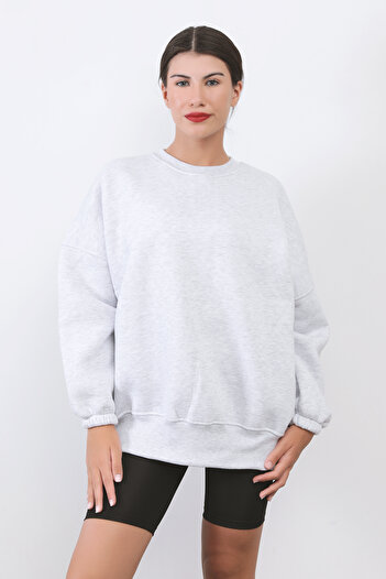 GİYSA Дамски суитшърт Oversize - Меланж, Обло деколте, Оребрен и еластичен ръкав, Памучна смес - 2573