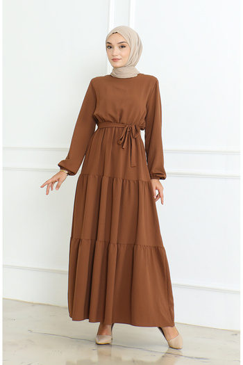 sefamerve Belted Aerobin Fabric Dress - 1016-04 Brown