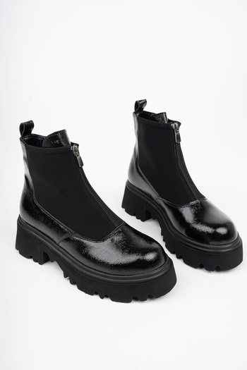 MARSHETTA Isabel Model Black Broken Patent Leather Γυναικείες μπότες με χοντρή σόλα με φερμουάρ μπροστά