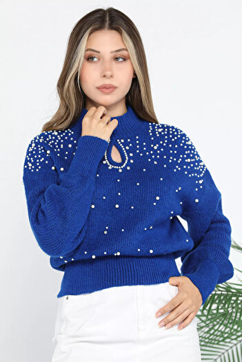 GÜLSELİ Sax Blue Stoned and Pearled Knitwear Sweater for Women