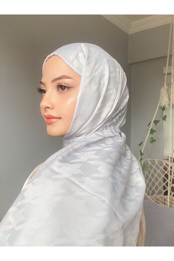 MİS İPEK Silver Silky Jacquard Houndstooth Patterned Shawl