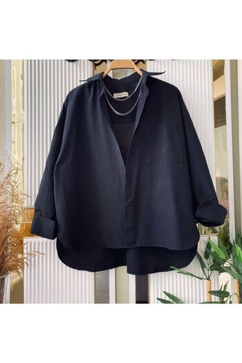 modabetce Πουκάμισο Μαύρο Oversize Μπαλόνι μανίκι Πλισέ Λεπτομερές Μακρύ Βασικό Γυναικείο Πουκάμισο 0001