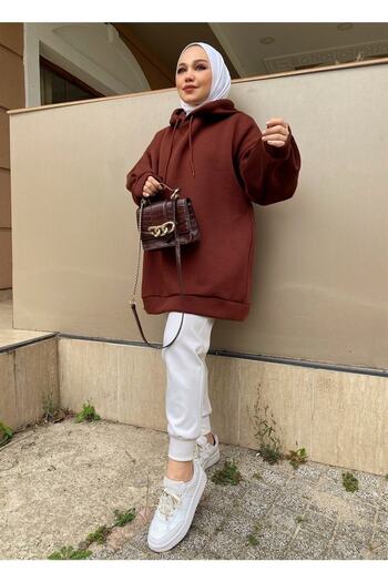 modabetce Extra Oversize Καφέ Basic Γυναικείο Φούτερ με 3 Κλωστές Βαμβακερό Στριγκένιο 1003