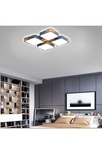 CATLUZ Kare Antrasit Kumandalı Dimli 3 Işık Renkli Ahşaplı 50x50cm Led Tavan Lambası, Modern Aydınlatma