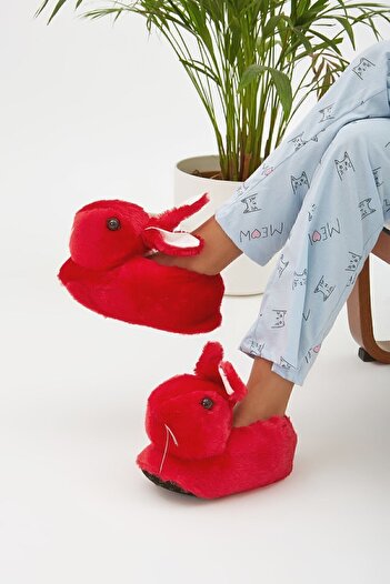 Moda Devrin Red Animal Silent Sole Slippers Plush Home Shoes with Rabbit Figure (EYE VIDEO EMBROIDERED LIKE WHAT)
