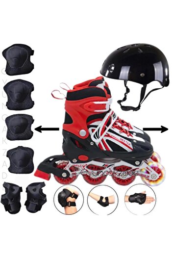 Depomiks Avm Double Row Adjustable Red Skate Aluminum Body Helmet - Knee Pad, Elbow Pad and Ellik Inclus
