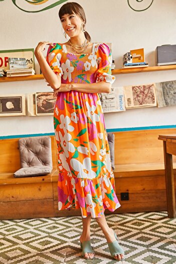 Olalook Women's Orange Pink Elastic Casual Woven Viscose Dress ELB-19001483