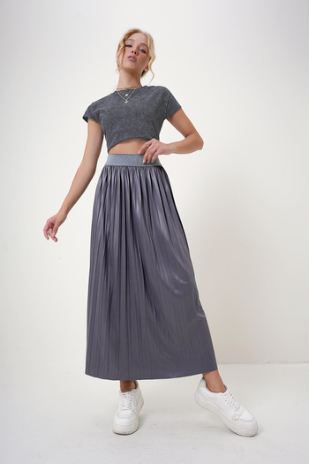 Trend Alaçatı Stili Anthracite Women's Pleated Skirt - Elastic Waist Alc-X12731