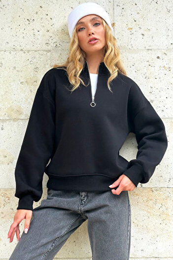 Trend Alaçatı Stili Černá mikina Crop se 3 vlákny – stojáček a stuha na zip Alc-X12757