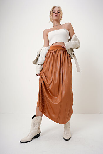 Trend Alaçatı Stili Tan Women's Pleated Skirt - Elastic Waist, Alc-X12731