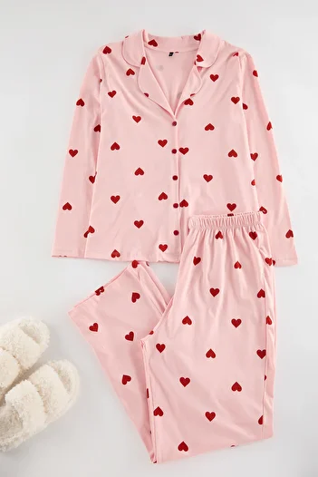 Trendyol Curve Pajama Set - Pink, Heart Shirt Collar, Knitted Tbbaw23ai00019