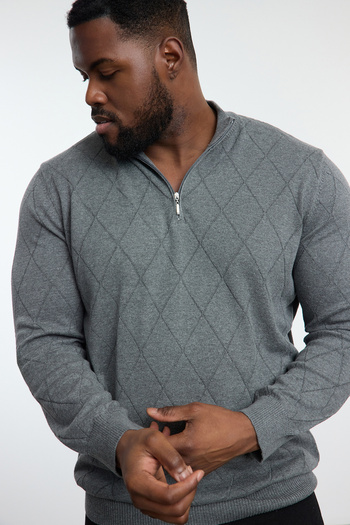 Trendyol Collection Men's Gray Baklava Knitwear Plus Size Sweater - Half Turtleneck Tmnaw25An00007
