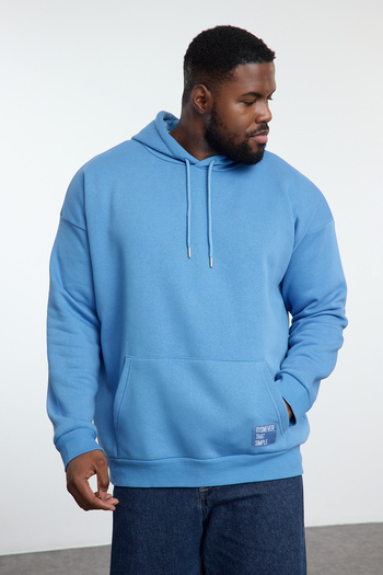 Trendyol Collection Plus Size Blue Fleece Cotton Hooded Sweatshirt - TMNAW24AO00000