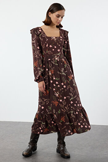 Trendyol Collection Brown Floral A-Line Ruffle 100% Viscose Woven Dress Twoaw24El00755