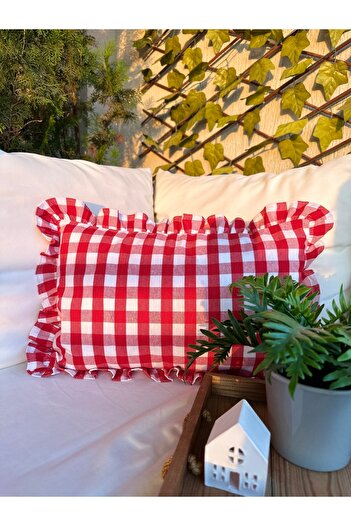 Decamor home Vintage Fırfırlı Kırmızı Keten Büyük Pötikareli Kırlent Kılıfı Keten Kırlent Kılıfı 1 Ad