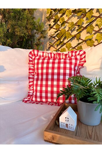 Decamor home Vintage Fırfırlı Kırmızı Keten Büyük Pötikareli Kırlent Kılıfı Keten Kırlent Kılıfı 1 Ad
