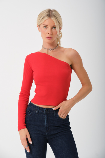 PUNKY CAT Women's Red Single Sleeve Knitted Blouse