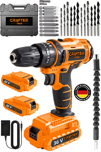 CRAFTERTOOLS Germany 36V 5Ah Darbeli Çelik Şanzuman 24 Parça Bakır Sargılı Çift Akülü Vidalama Şarjlı Matkap