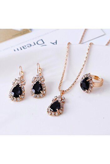 Takıtolia Aurora Crystal Stone Black Water Drop Necklace Earrings and Lover Gift Jewelry Set with Adjustable Ring