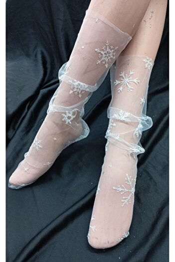 es moda shop White Snowy Snowflake Patterned Glittery Tulle Bridal Socks