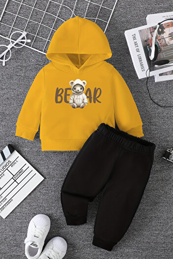 ADABEBEK New Season Bear Printed Baby Set - Hooded Bottom and Top Set 11132