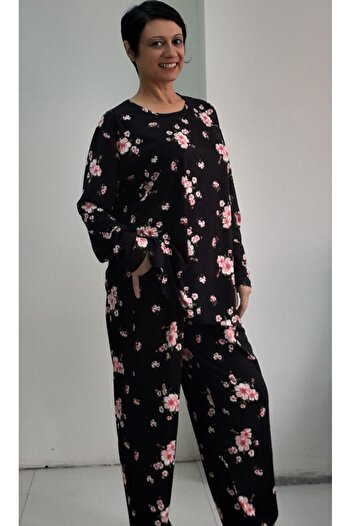 Mertcan Butik Combed Cotton Viscose Pajama Set - Black and Pink Floral, Bottom and Top Set