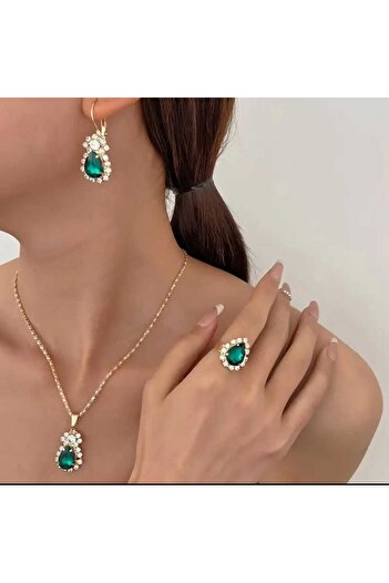 Beyna Gold Plated - Crystal Jewelled Necklace and Ring Set, Gift for Mother