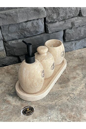 Polen Stone Bej Traverten Oval Model  Banyo Seti,Pamukluk, Diş Fırçalık, Sıvı Sabunluk, Oval Tepsili