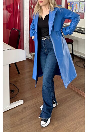 MISSY WINGS Kadın Saks Mavi Deri Trençkot