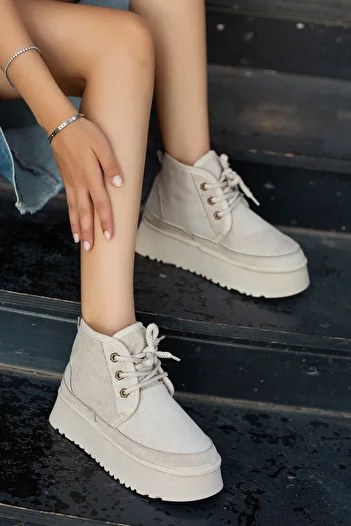 SEEM & BE Lily Beige Suede Γούνινο Εσωτερικό Δαντέλα Λεπτομερείς μισές γυναικείες μπότες
