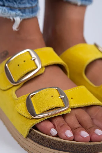 Manijero Selina Women's Genuine Leather Double Buckle Yellow - Gold Slippers