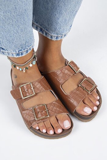 Manijero Anjelic Croco Genuine Leather Women's Slippers - Double Buckle, Tan Color