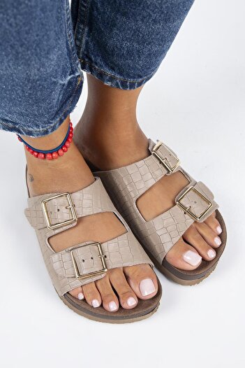 Manijero Anjelic Croco Women's Mink Slippers - Genuine Leather, Double Buckle
