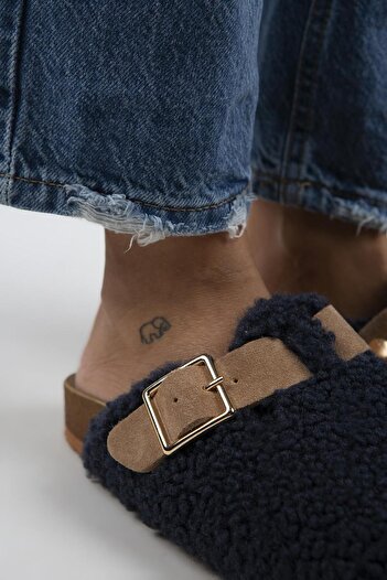 Manijero Suzen Teddy Women's Textile Furry Genuine Leather Belted Buckle Navy Blue-Sand Slippers