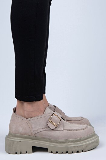 Manijero Gloria Women's Genuine Leather Loafer Belted Buckle Beige Suede Shoes