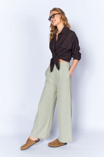 Manche Olive Rahat Kesim Müslin Salaş Yırtmaçlı Pantolon | Mks667009-01