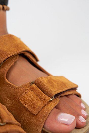 Manijero Emilia Women's Genuine Leather Double Velcro Tan Sandals