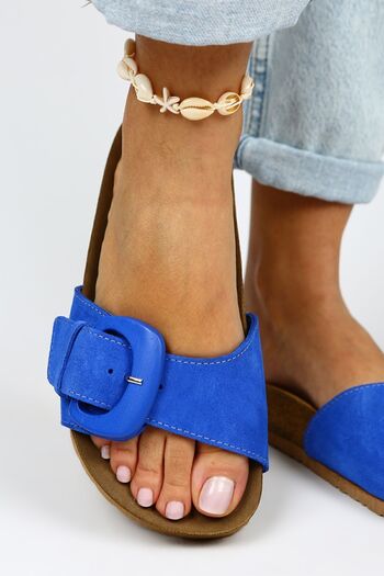 Manijero Alandra Women's Genuine Leather Blue Slippers