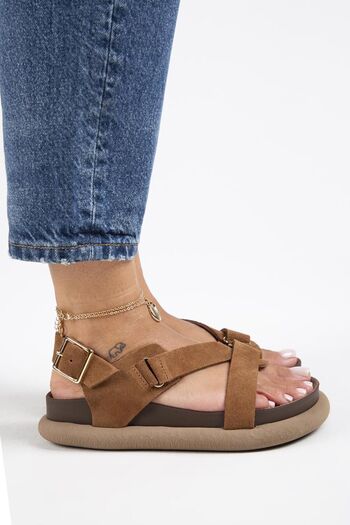 Manijero Azelya Women's Genuine Leather Tan Sandals - Buckle and Scarf