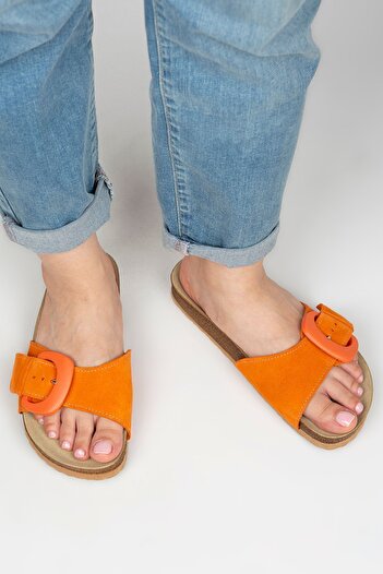 Manijero Alandra Women's Genuine Leather Single Strip Orange Slippers