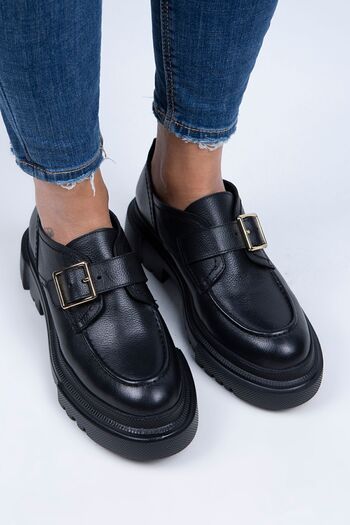 Manijero Gloria Women's Genuine Leather Loafer Belted Buckle Black Shoes