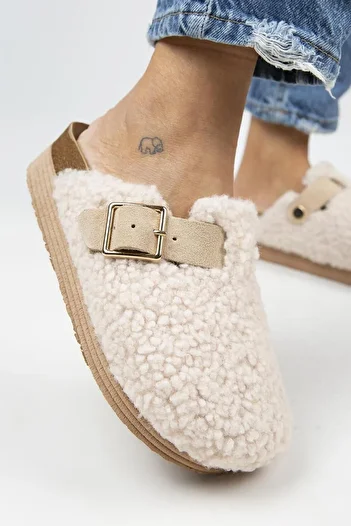 Manijero Juno Women's Textile Furry Genuine Leather Belted Buckle Beige Slippers