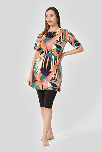 ALFASA Print Top, Half Sleeve and Half Covered Swimsuit