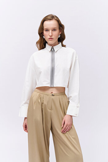 Quzu Ecru Crop Shirt - Zippered