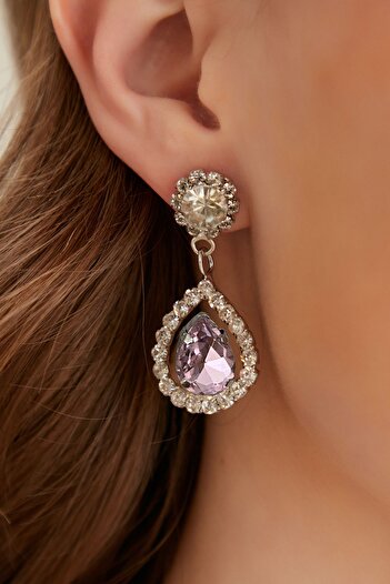 Furtek Aksesuar Women's Radiante Pink Model Zircon Stone Silver Evening Dress Dangle Wedding Engagement Party Prom Daily Earrings